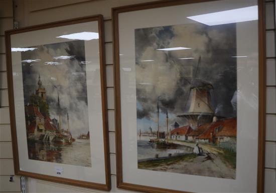 Louis van Staaten (1836-1909) three watercolours, Dutch canal scenes, signed, 59 x 39cm and 40 x 59cm